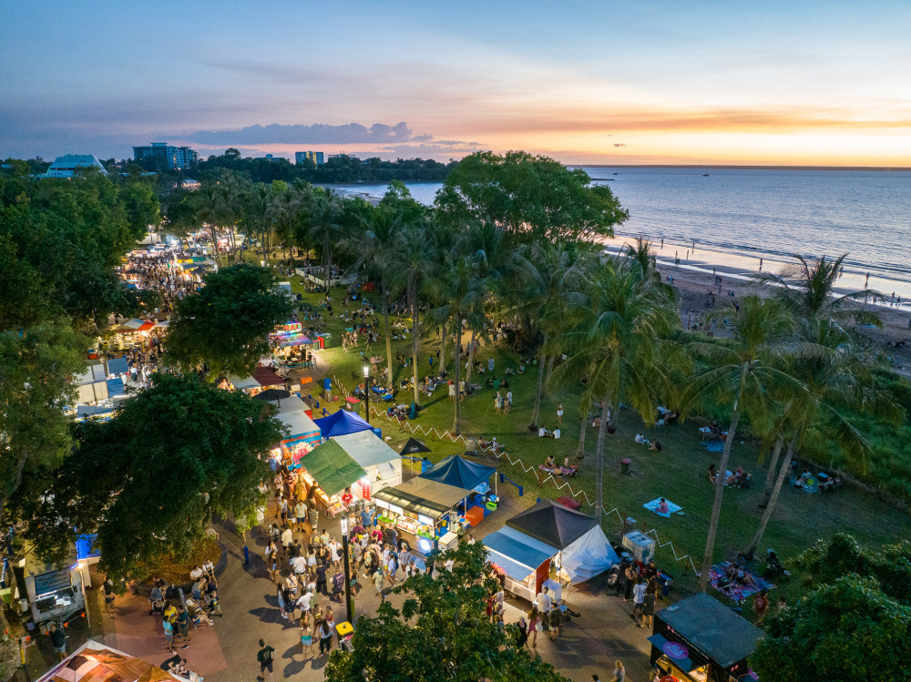 Aerial view of Mindil Beach Sunset Market at sunset