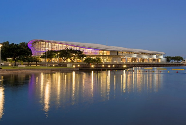 Darwin Convention Centre at dusk.