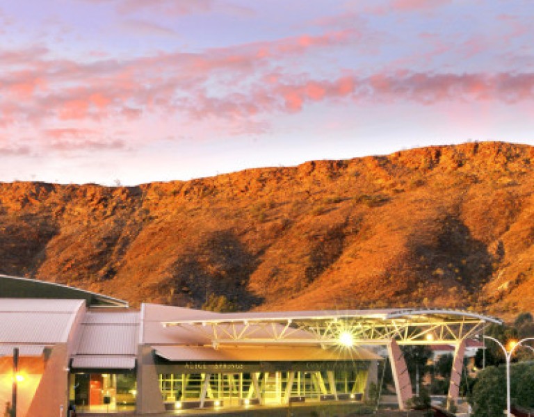 Alice Springs Convention Centre with backdrop of West MacDonnell Ranges
