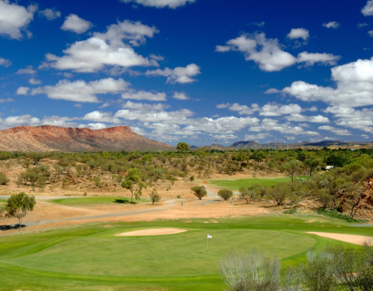 View of Alice Springs Golf Course with backdrop of the desert