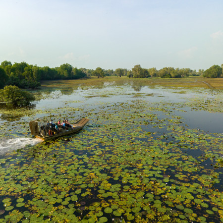 Aerial view of airboat on the wetlands
