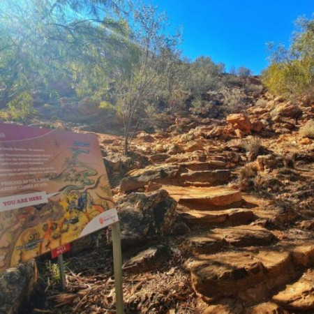 A rocky walking trail leading uphill through dry bushland, with a colourful information sign in the foreground.