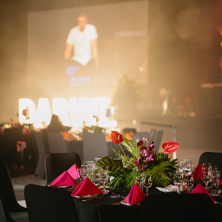 AIATSIS Gala event, flower arrangements in pinks and red