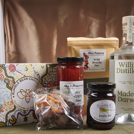 Unique NT corporate gift basket featuring local preserves, tea, artisan foods and Willing Distillery gin