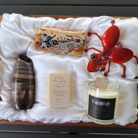 Unique NT Gift Basket featuring locally made candle, handcrafted vase, Aboriginal artwork and decorative metal ant.