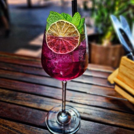 Pink cocktail at Epilogue Lounge