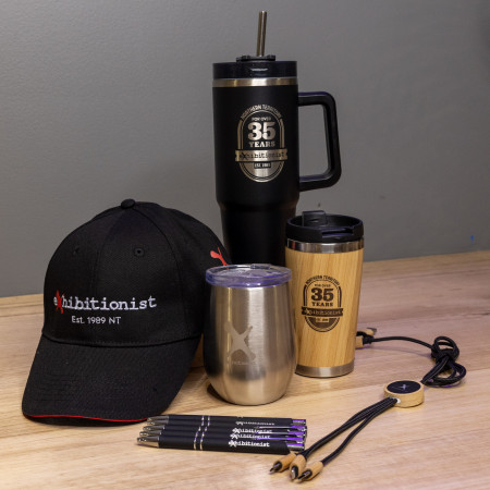 The Exhibitionist Merchandise, hat, cup, pens, charges, resusable bottle 
